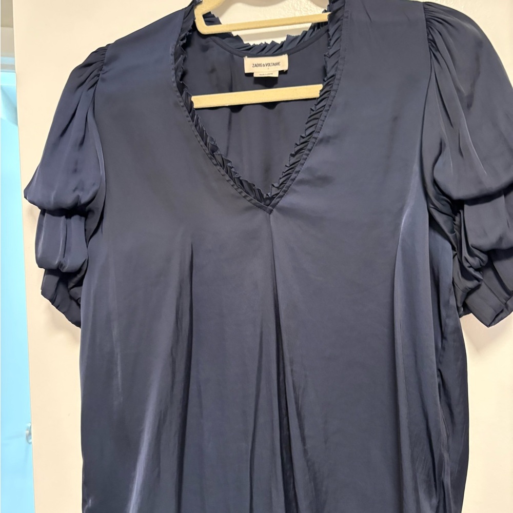 Zadig & Voltaire Navy V-Neck Satin Ruffle Puff Sleeve Blouse
